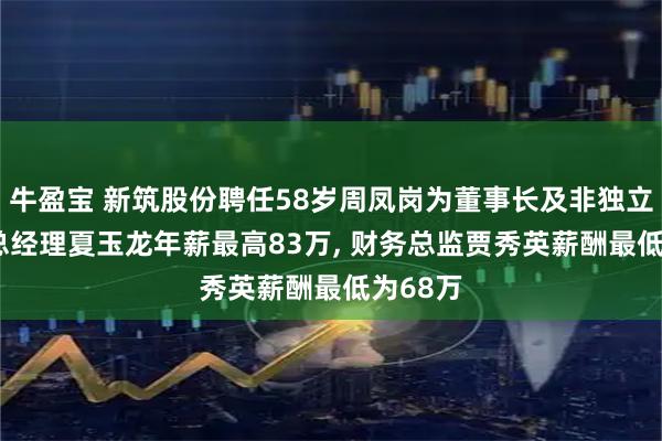 牛盈宝 新筑股份聘任58岁周凤岗为董事长及非独立董事, 总经理夏玉龙年薪最高83万, 财务总监贾秀英薪酬最低为68万